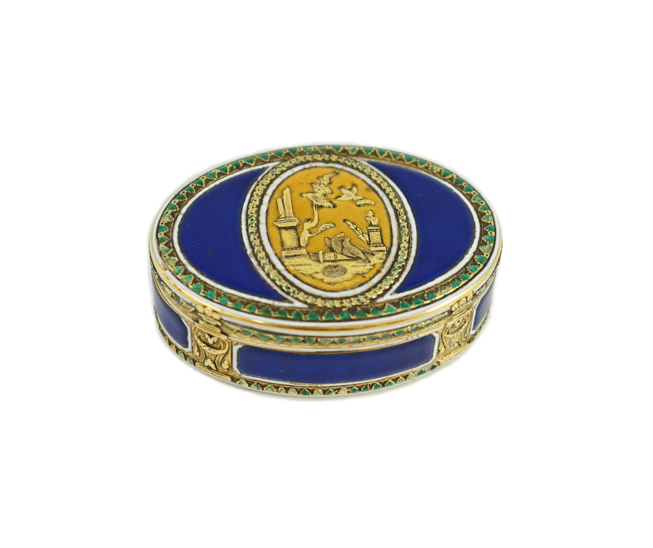 A late 18th/early 19th century French? gold and polychrome enamel oval snuff box
